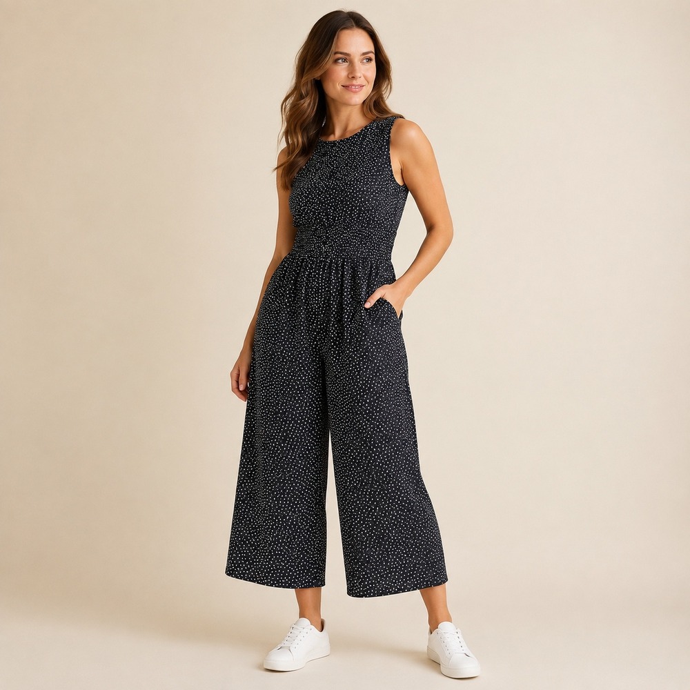 Andrew Marc Womens XL Black Speckled Smocked Waist Wide Leg Cropped Jumpsuit NWT - Picture 3 of 4